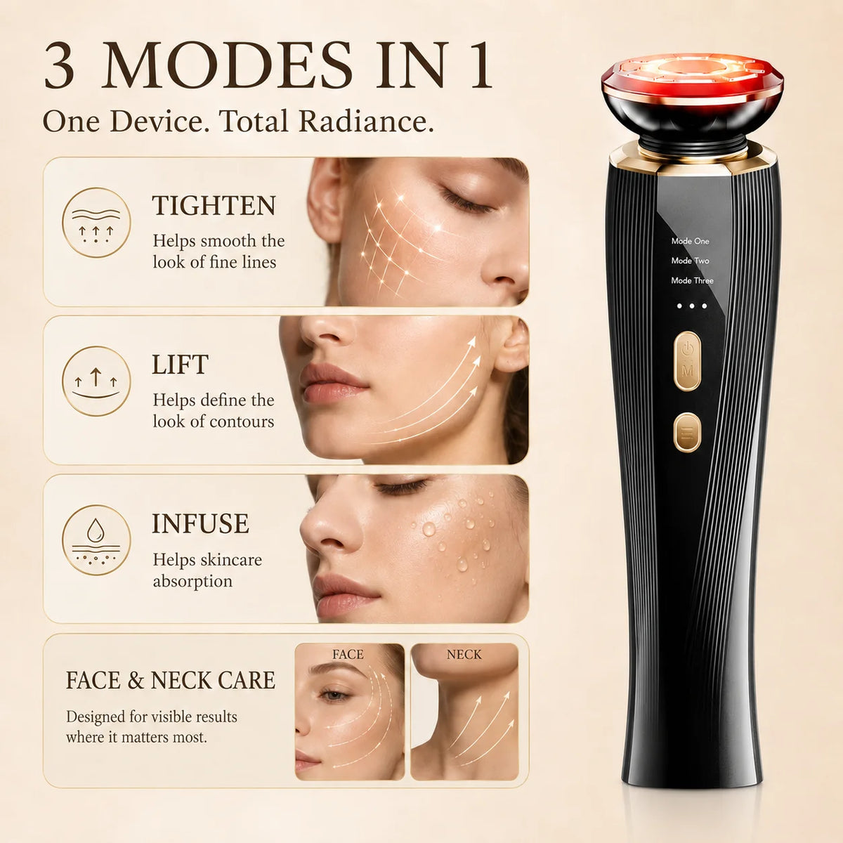 3 Mode LED Red Light Therapy Facial Massager for Face & Neck, Handheld Facial Beauty Wand, Skin Care Beauty Device, Red Light Face Massager, Portable Home Spa Skincare Tool, Facial Care Device for Women Men