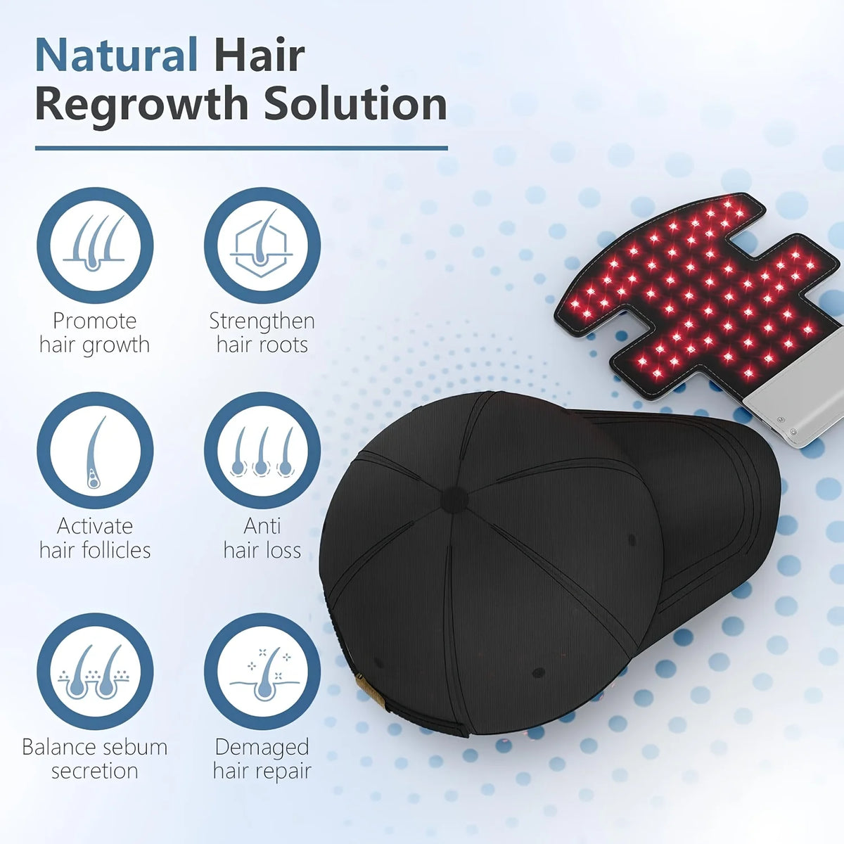 LED Red Light Therapy Hair Growth Cap Portable Hair Regrowth Hat Insert with Red Blue Infrared Light, 4 Modes Scalp Care Device for Thinning Hair, Rechargeable Lightweight 200G Hair Loss Care Cap for Men Women, 20 Min Auto off Fits Most Hats