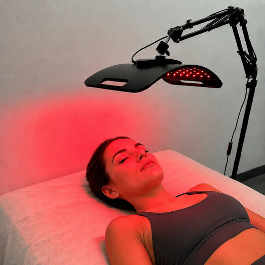 Red light therapy panel on an adjustable stand